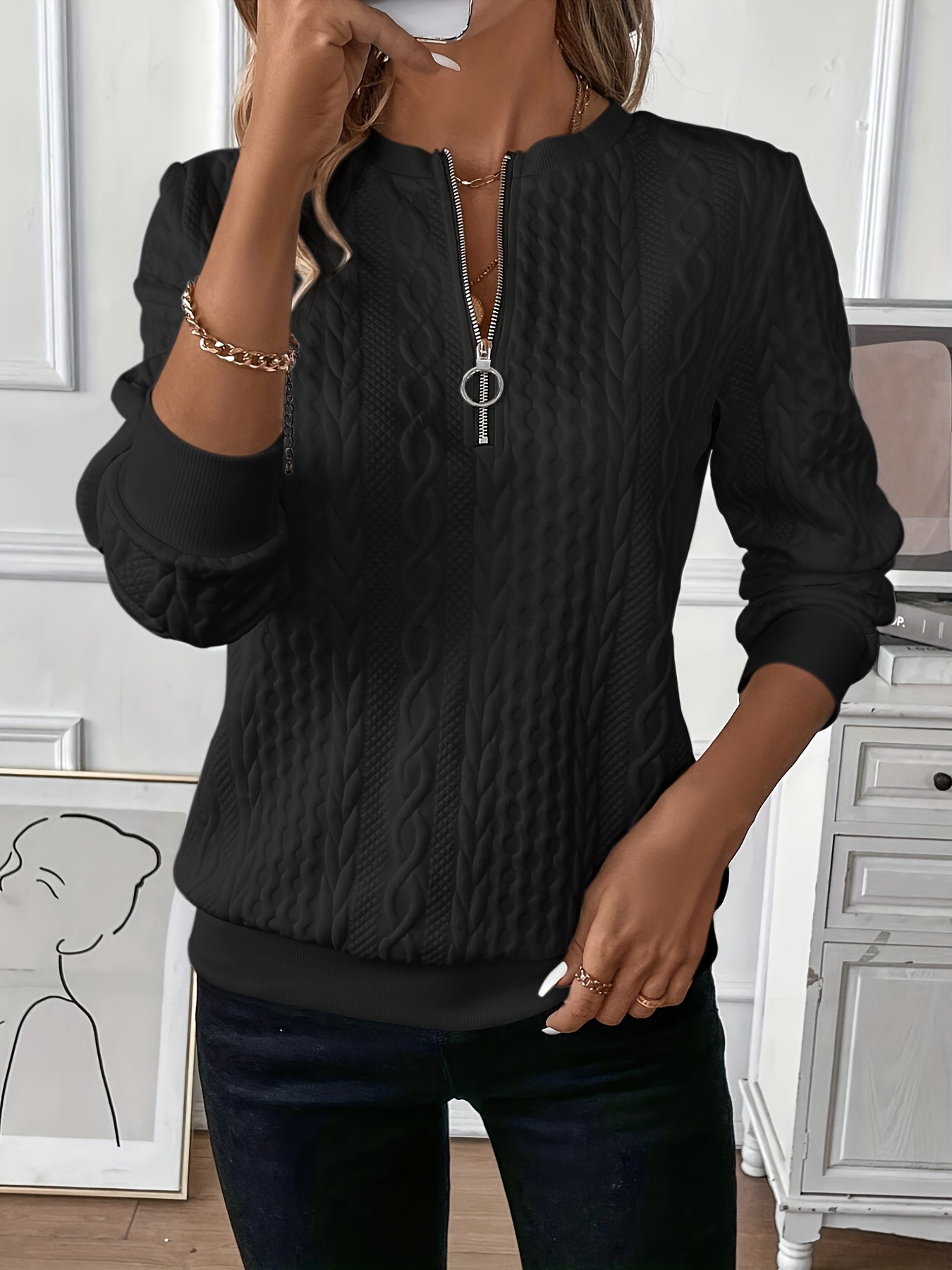 Amalie™ | Maglione da donna con zip e motivo a trecce