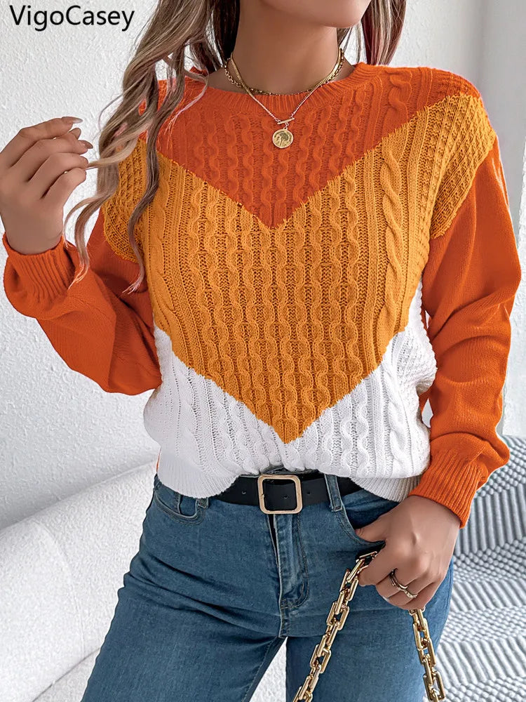 Maglione invernale da donna con collo patchwork