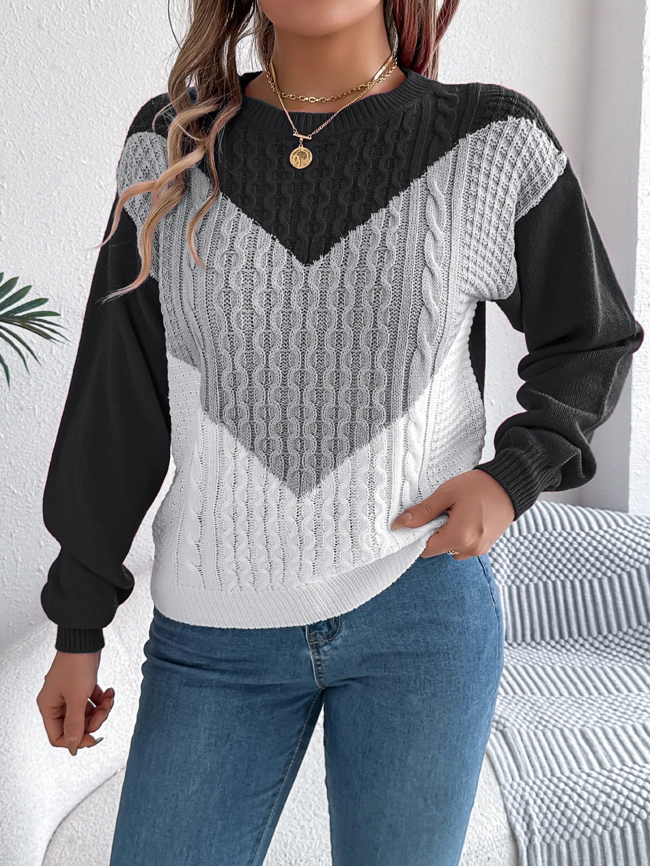 Maglione invernale da donna con collo patchwork