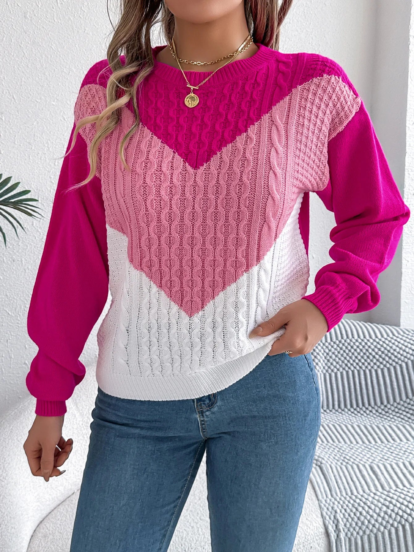 Maglione invernale da donna con collo patchwork